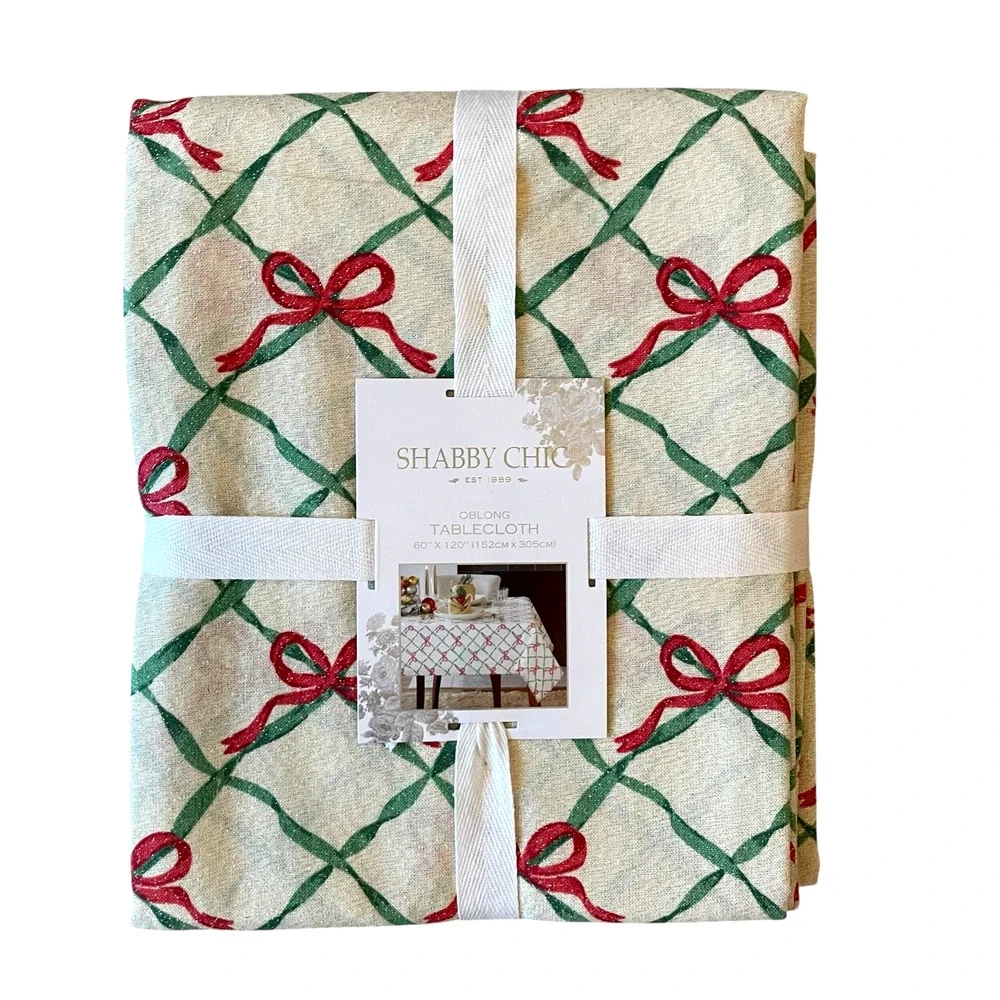 Shabby Chic Christmas Bow Trellis Tablecloth 60x120 Holiday Red Green Beige New